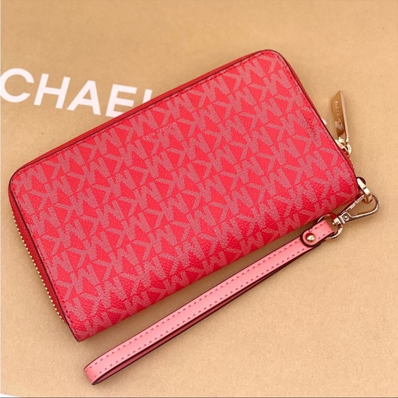 Michael Kors Jet Set Travel Large Phone Case Wristlet Wallet Coral Reef - Picture 6 of 13